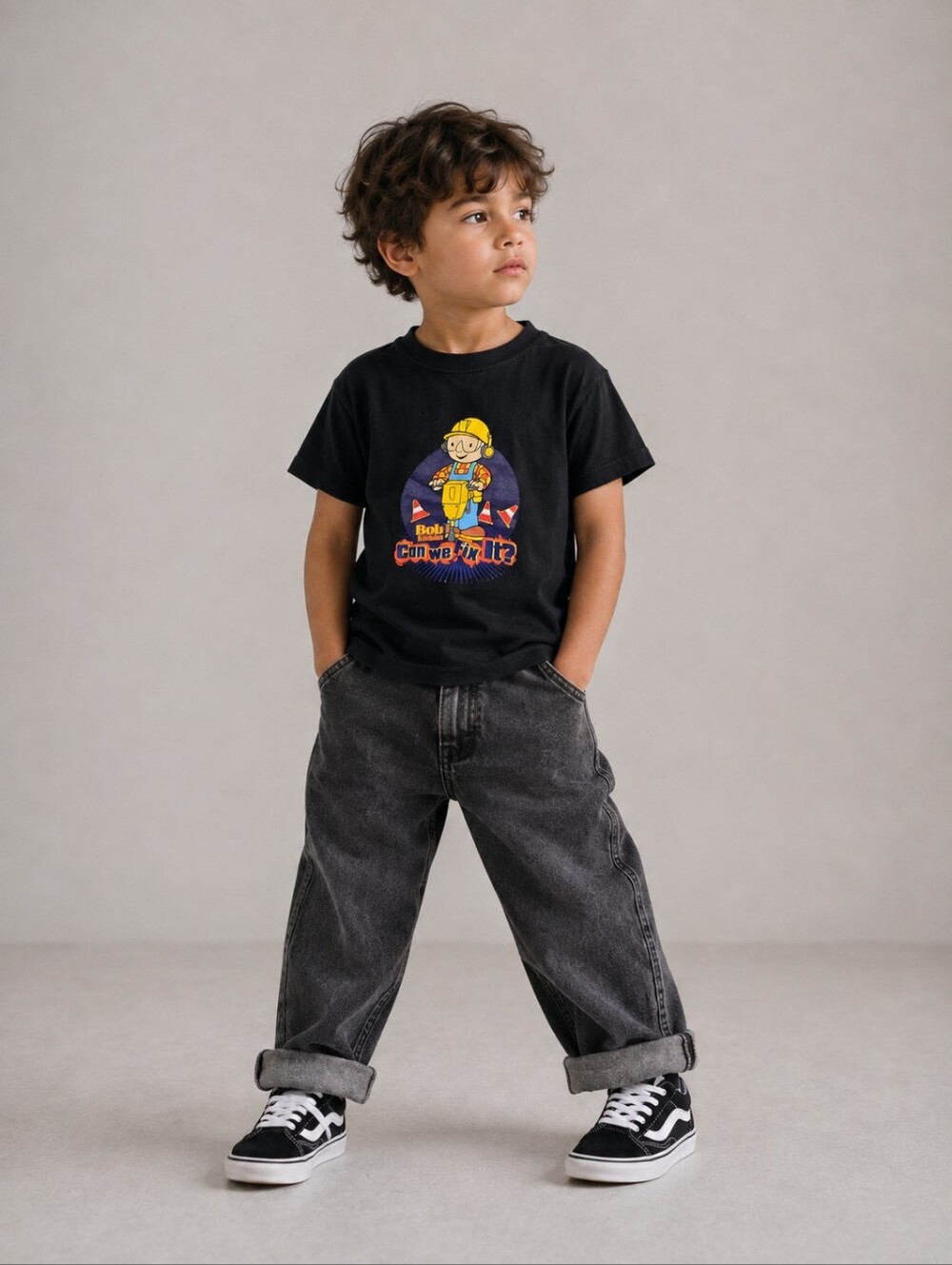Vintage 2001 Bob the Builder Kids Black Graphic T-Shirt Y2K Size 5